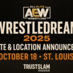 Promotional graphic for TrustSlam Insider’s coverage of AEW WrestleDream 2025, featuring event branding with bold text announcing the October 18 date and St. Louis location, set against a dramatic wrestling arena background.