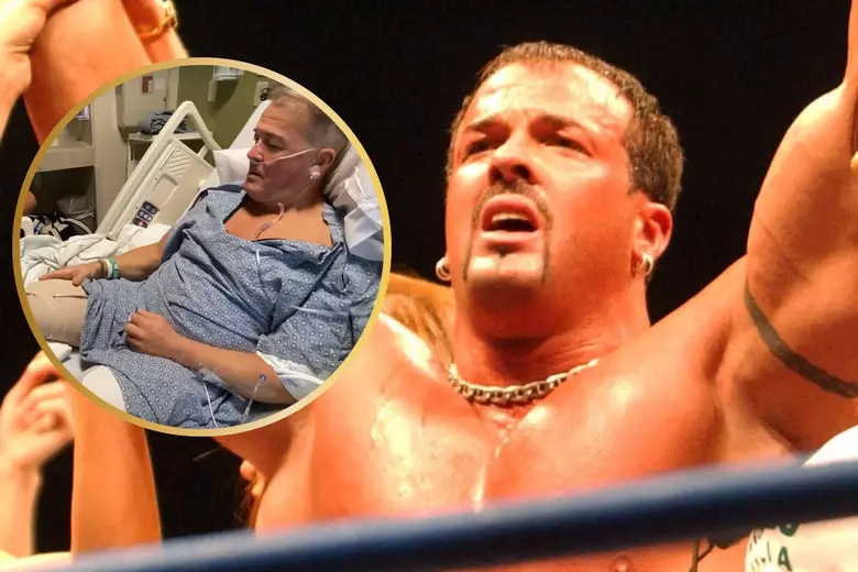 Promotional graphic for TrustSlam Insider’s update on Buff Bagwell’s leg amputation, a dark background with wrestling-themed elements.