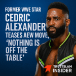 Promotional graphic featuring former WWE star Cedric Alexander, teasing his potential move to AEW in 2025