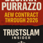 Promotional graphic for TrustSlam Insider’s article on Deonna Purrazzo’s AEW contract status in 2025, featuring her portrait alongside AEW branding and bold headline text, set against a dramatic wrestling-themed background.