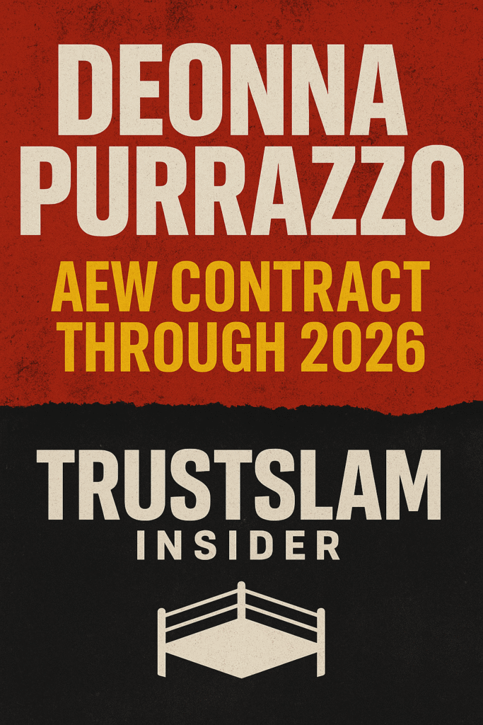 Promotional graphic for TrustSlam Insider’s article on Deonna Purrazzo’s AEW contract status in 2025, featuring her portrait alongside AEW branding and bold headline text, set against a dramatic wrestling-themed background.