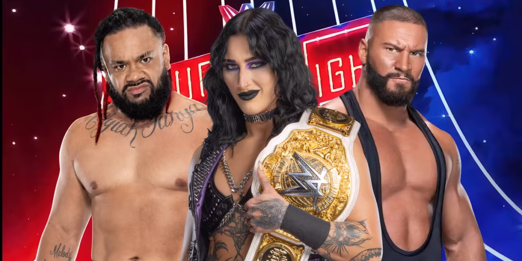 Promotional graphic for TrustSlam Insider’s article on WWE’s rising stars in 2025, featuring Rhea Ripley, Jacob Fatu, and Bron Breakker and a dramatic wrestling-themed background.